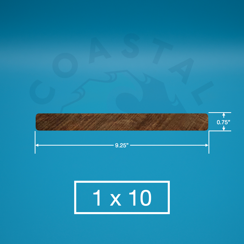 1 x 10 White Oak Wood with dimensions on a blue background, featuring the brand 'Coastal'.