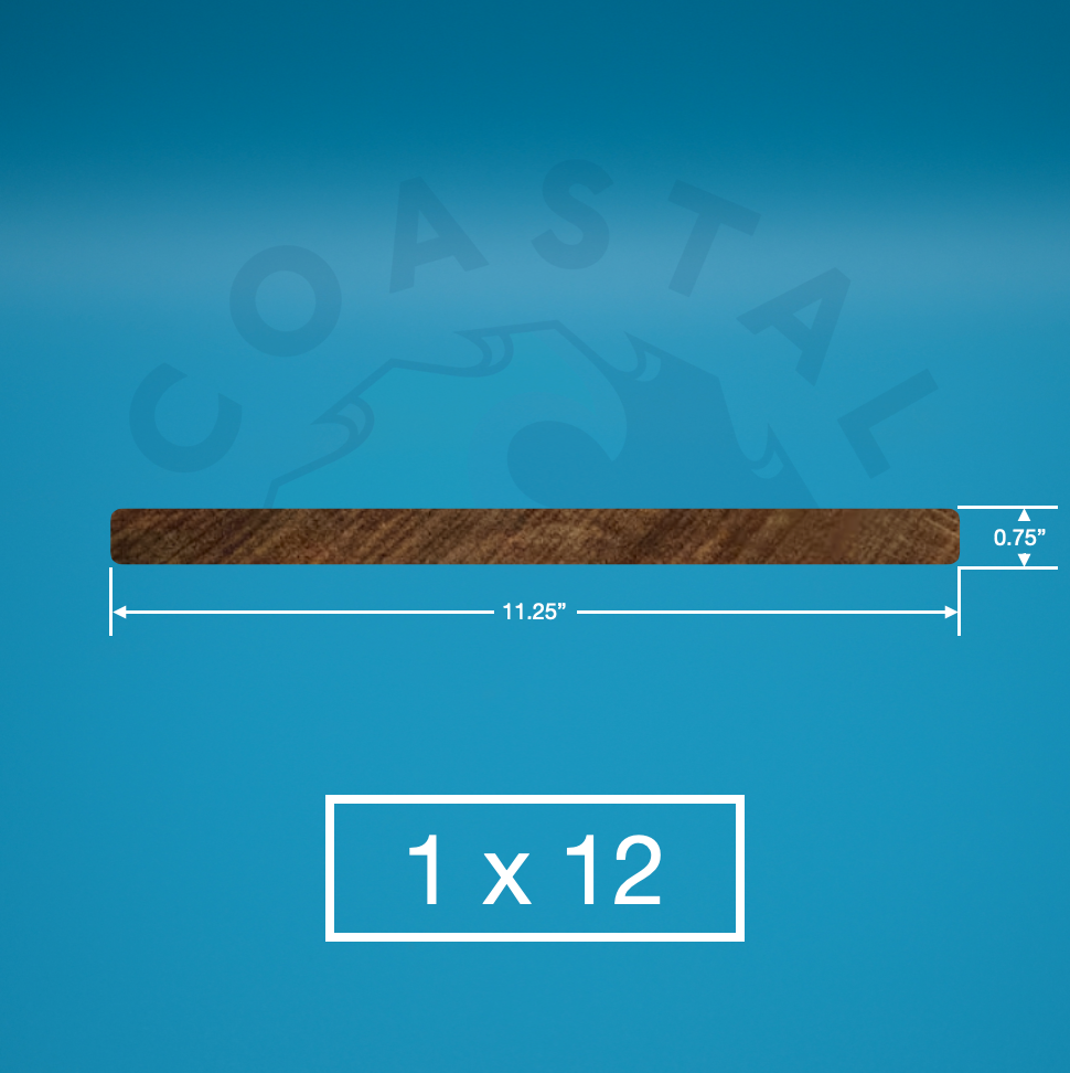 Ipe 1x12 E4E Decking on blue background with dimensions