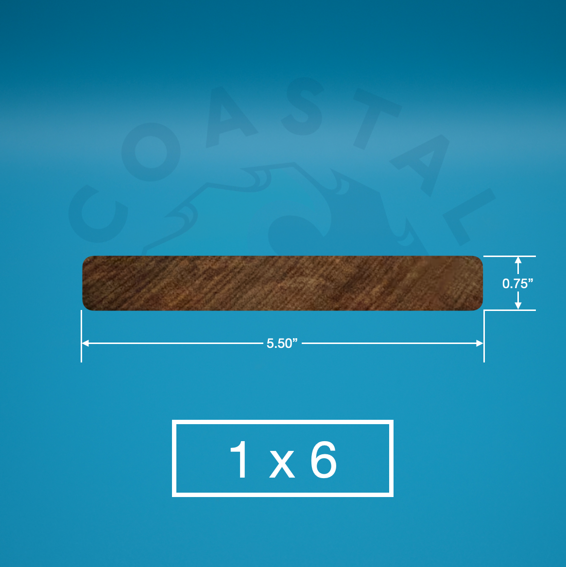 Red Balau 1x6 E4E Decking on blue background with dimensions