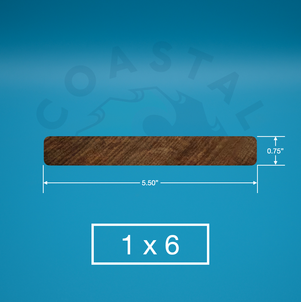 Ipe 1x6 E4E Decking on blue background with dimensions