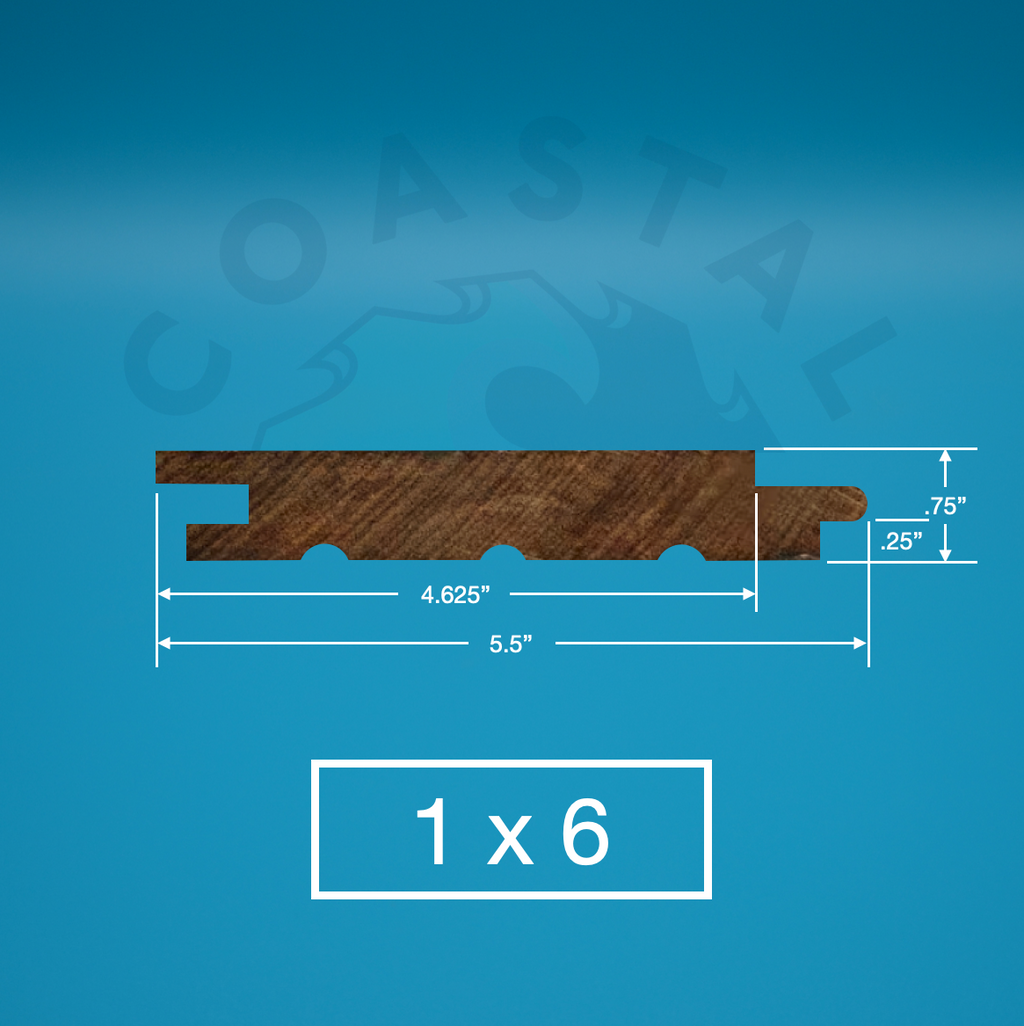 Red Balau 1x6 Hidden Nail T&G on blue background with dimensions