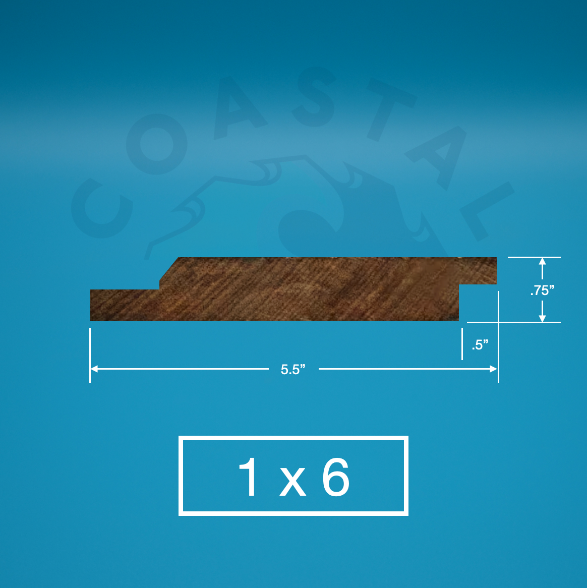 Ipe 1x6 K-Lap on blue background with dimensions