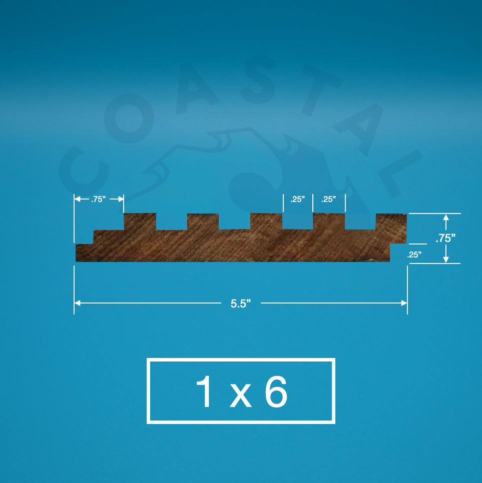 Yellow Balau 1x6 Piano Key on blue background with dimensions