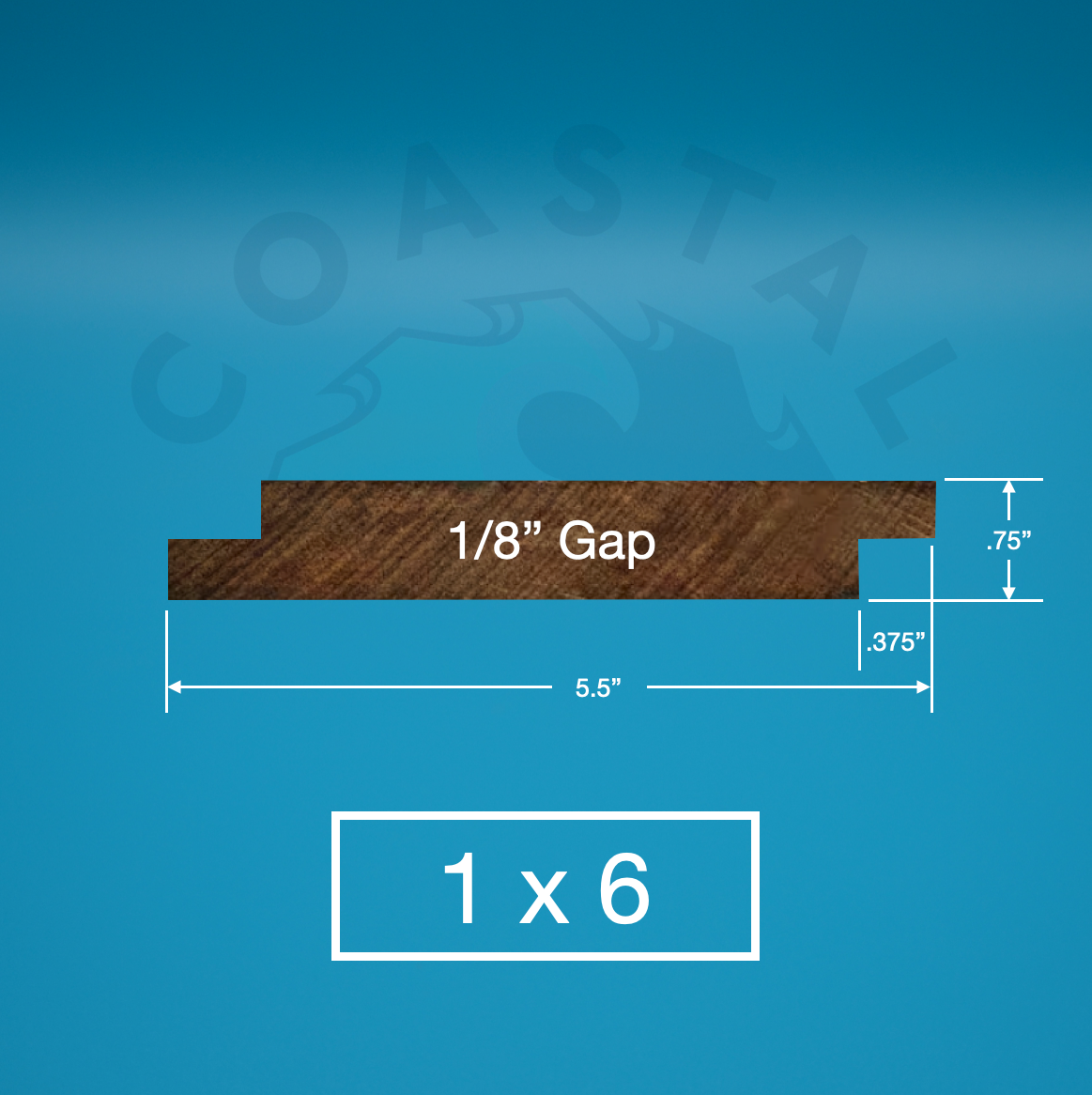 Ipe 1x6 Shiplap on blue background with dimensions