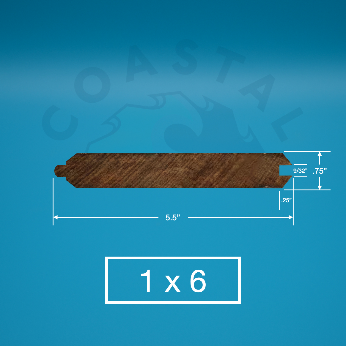 1 x 6 Cypress Select (T&G V-Groove) on a blue background with dimensions