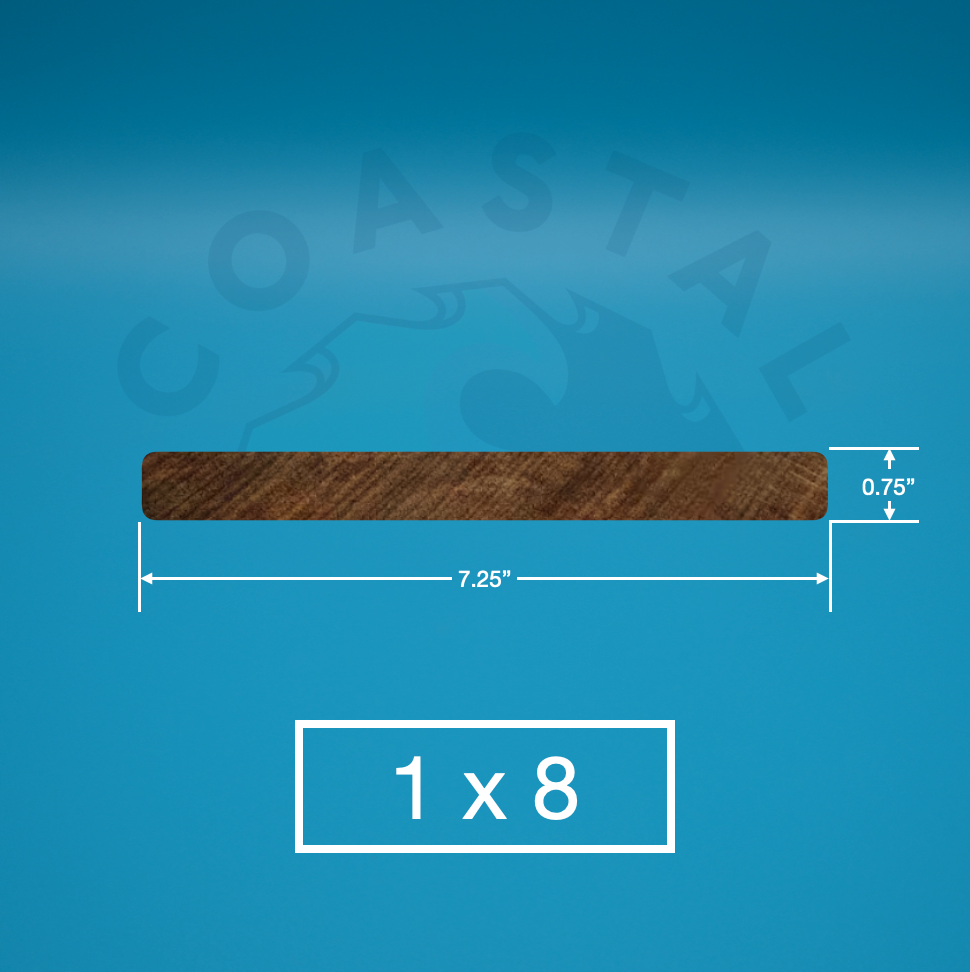 1 x 8 Cypress Select S4S on a blue background, featuring the brand 'Coastal'.