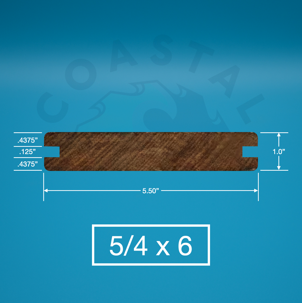 Yellow Balau E4E Grooved Decking on blue background with dimensions