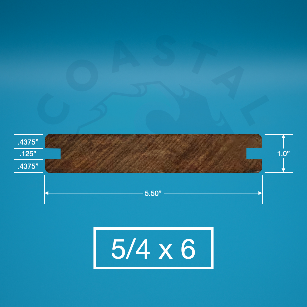 Yellow Balau E4E Grooved Decking on blue background with dimensions