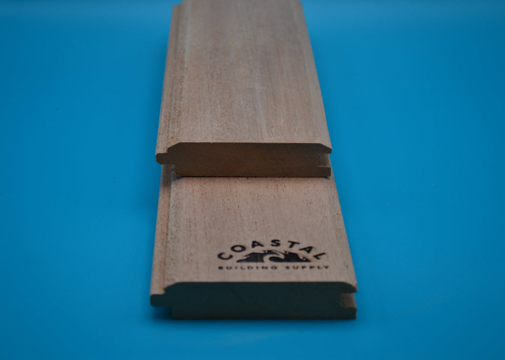 1 x 4 Mahogany Wood (T&G V-Groove/Shiplap) on a blue background
