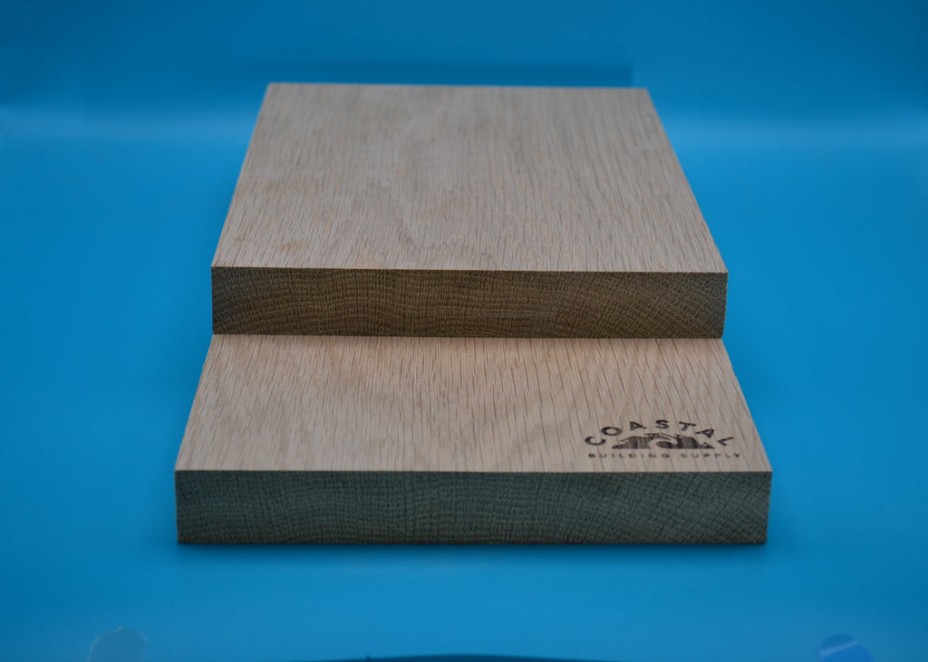5/4 x 8 White Oak Wood planks on blue background
