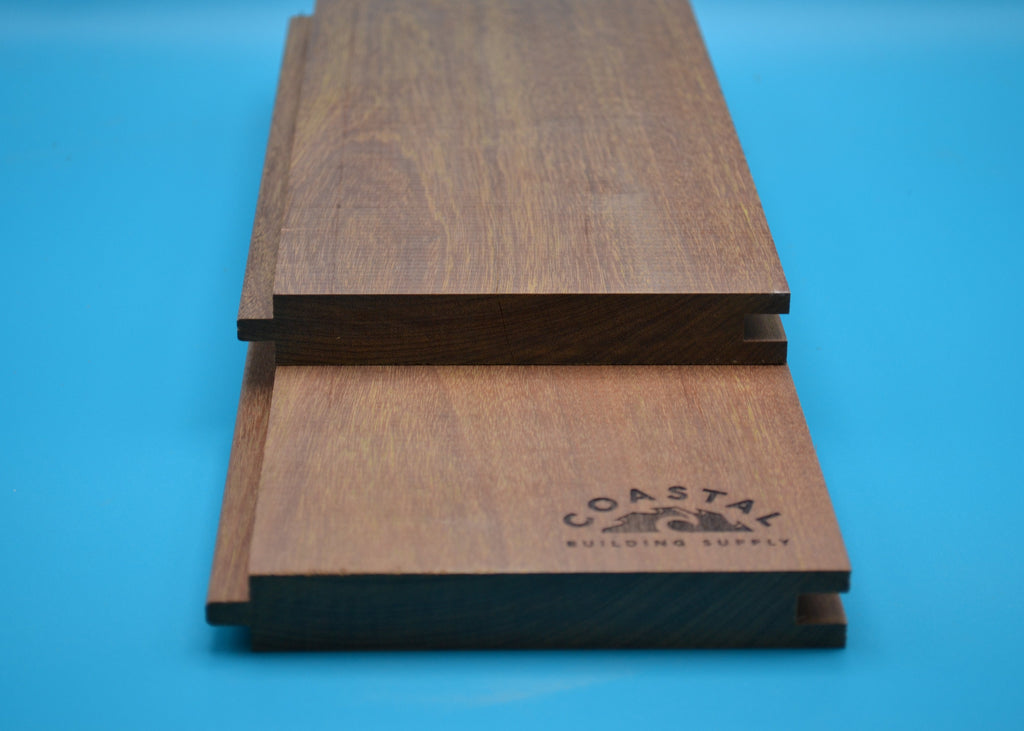 Ipe 1x6 T&G Flushgap Planks on blue background