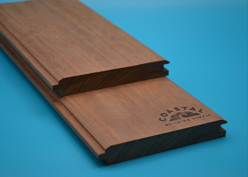 Ipe 1x6 V-Lap Planks on blue background
