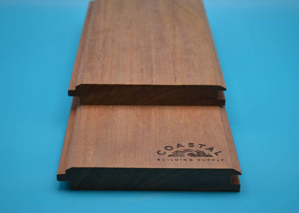Ipe 1x6 V-Lap Planks on blue background