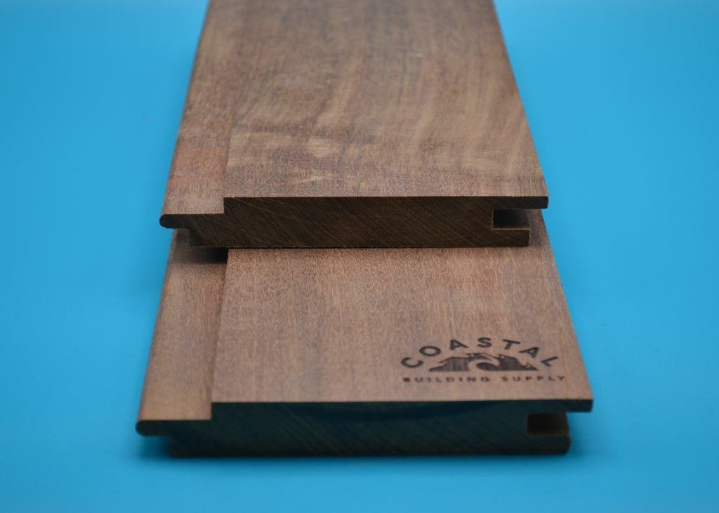 Ipe 1x6 Hidden Nail T&G Planks on blue background