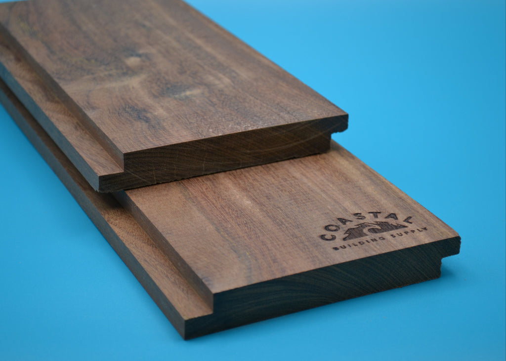 Ipe 1x6 Shiplap Planks on blue background