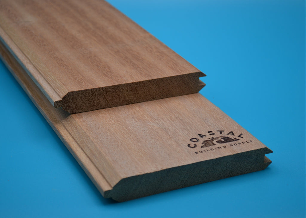 Ipe 1x6 T&G V Groove Planks on blue background