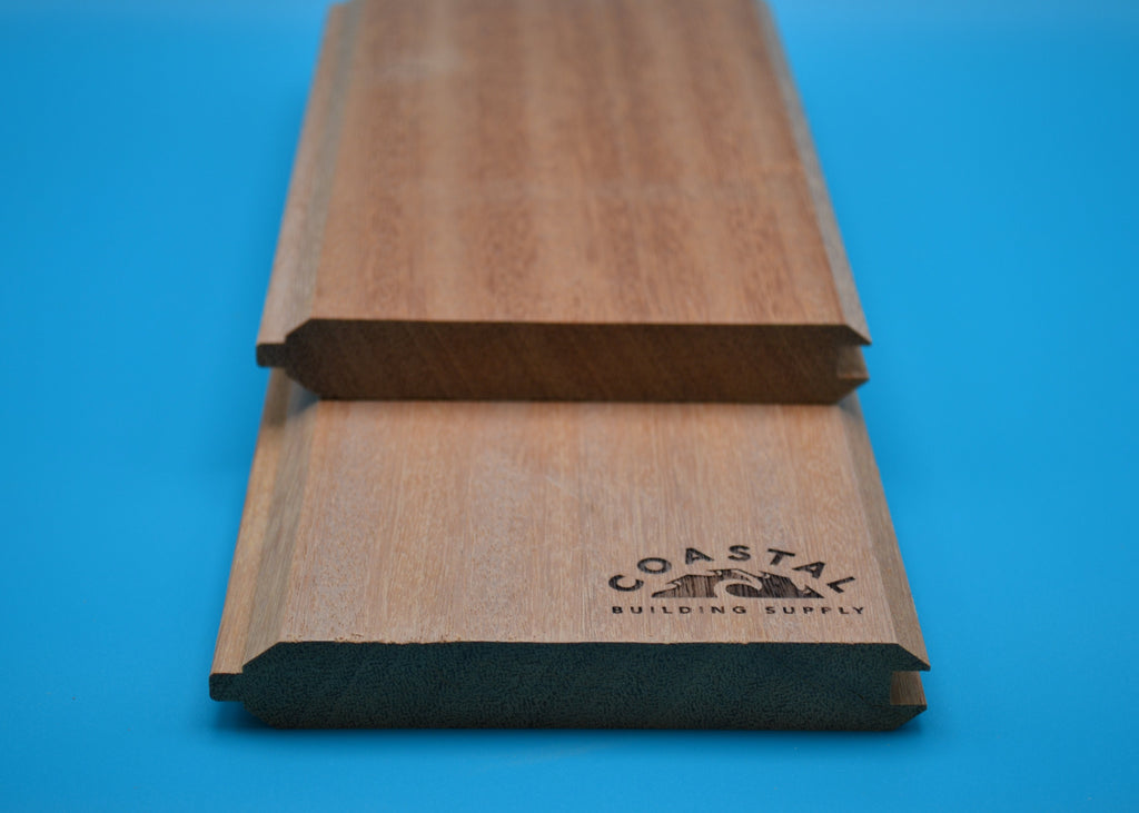 Ipe 1x6 T&G V Groove Planks on blue background