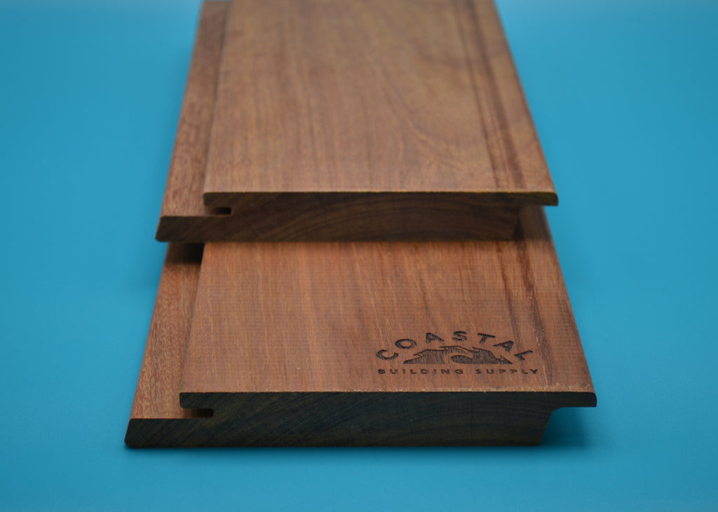 Ipe 1x6 Rainscreen planks on blue background