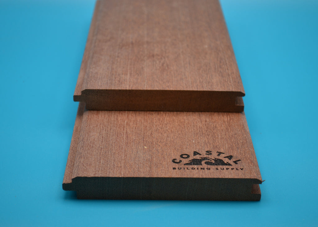 1 x 6 Mahogany Wood (T&G V-Groove/Shiplap) on a blue background