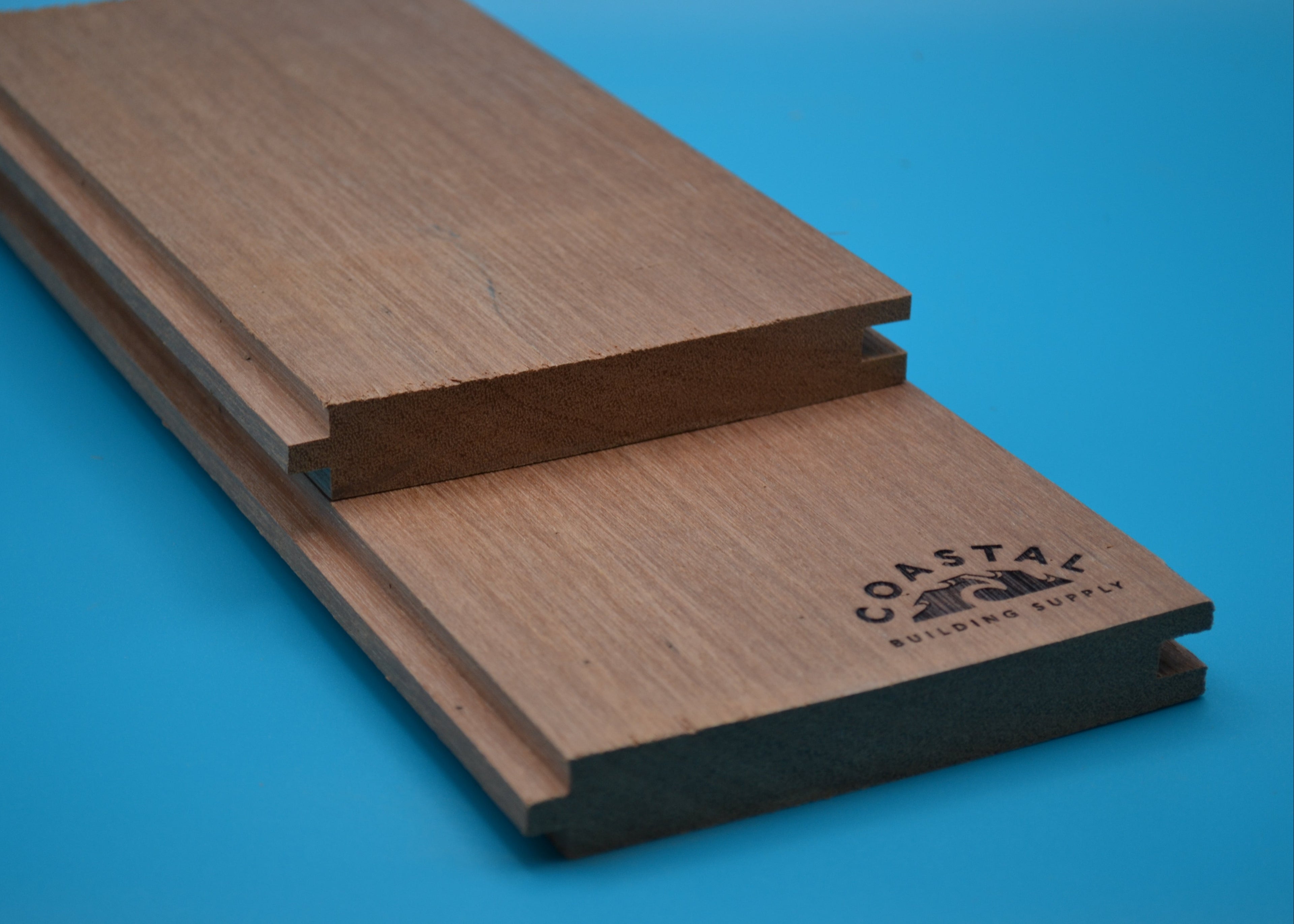 Red Balau 1x6 T&G Flushgap Planks on blue background