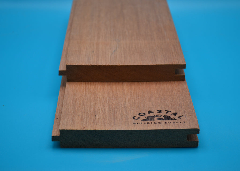 Red Balau 1x6 T&G Flushgap Planks on blue background