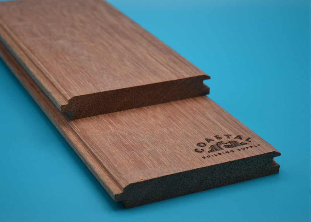 Red Balau 1x6 V-Lap Planks on blue background