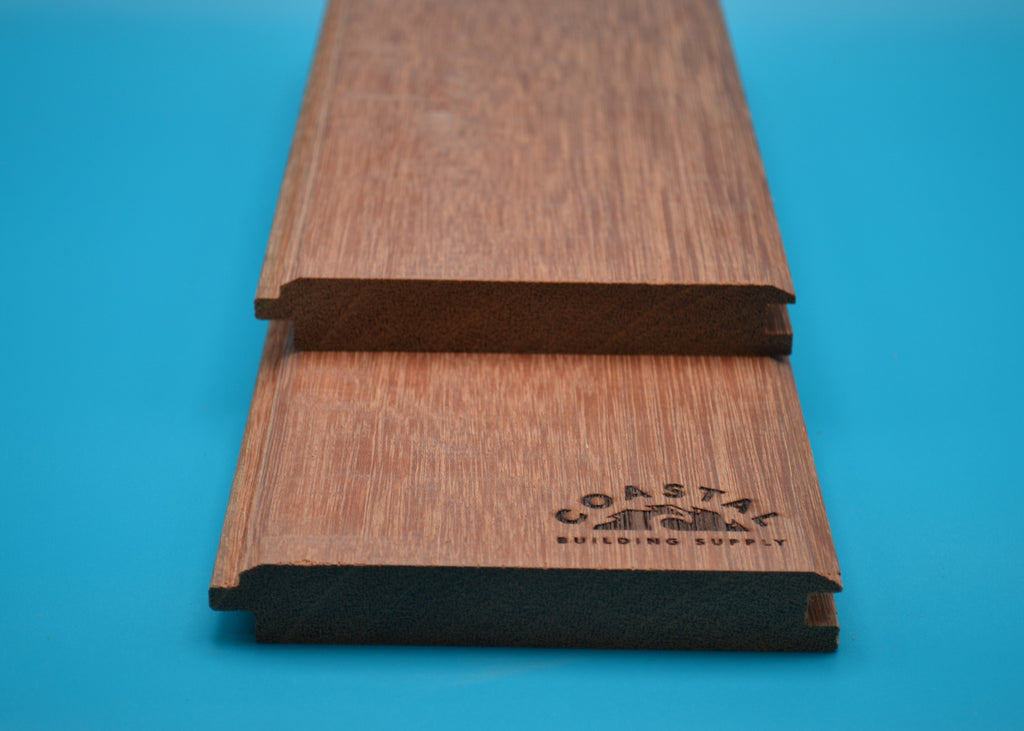 Red Balau 1x6 V-Lap Planks on blue background