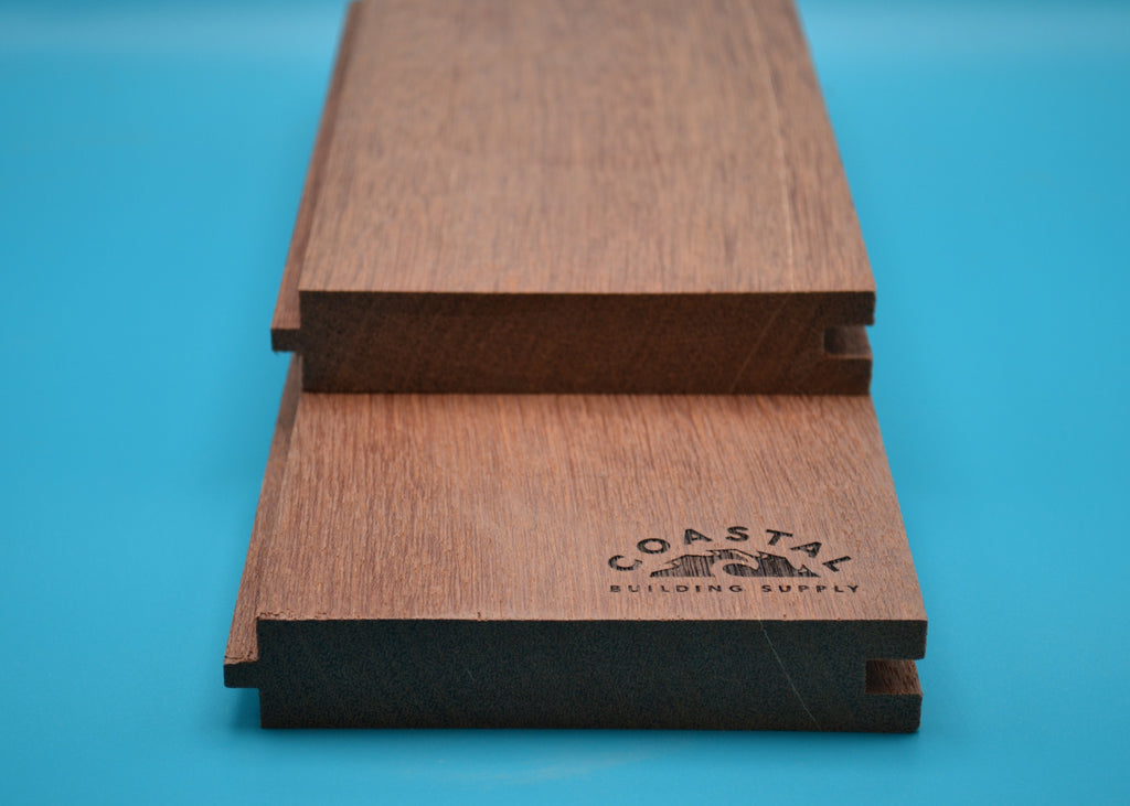 5/4 x 6 Red Balau Wood (T&G Flushgap) on a blue background