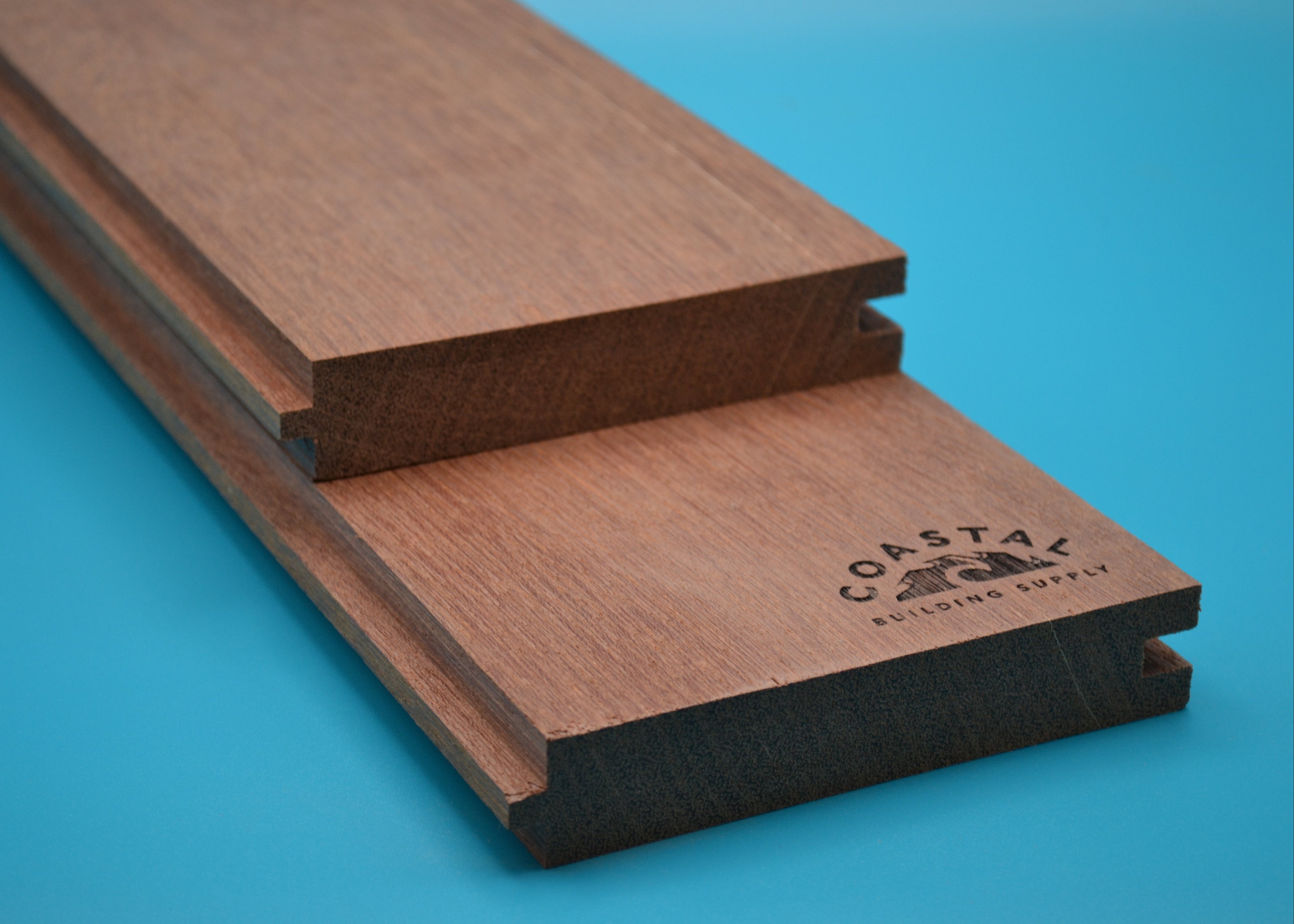 5/4 x 6 Red Balau Wood (T&G Flushgap) on a blue background