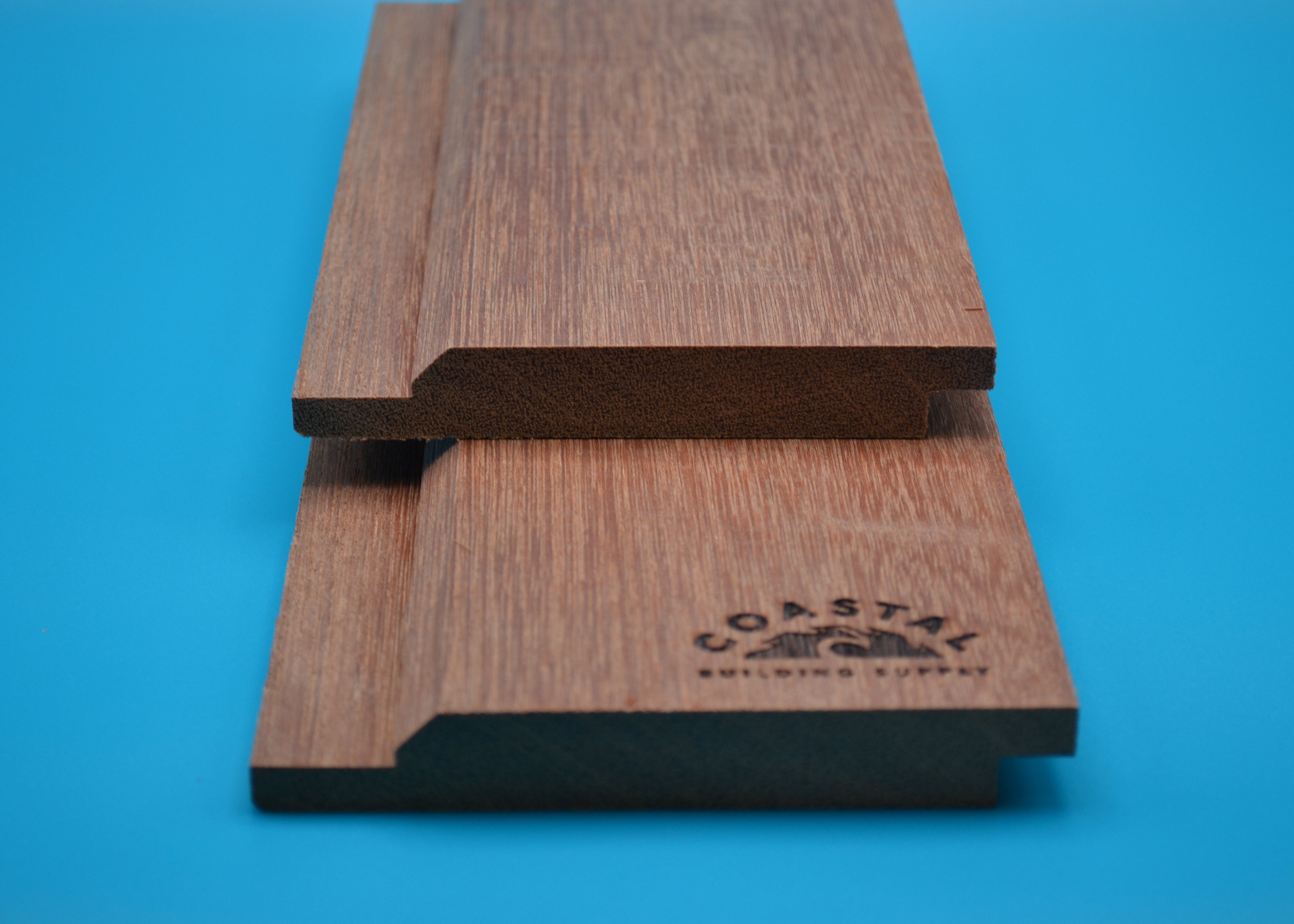 Red Balau 1x6 K-Lap Planks on blue background