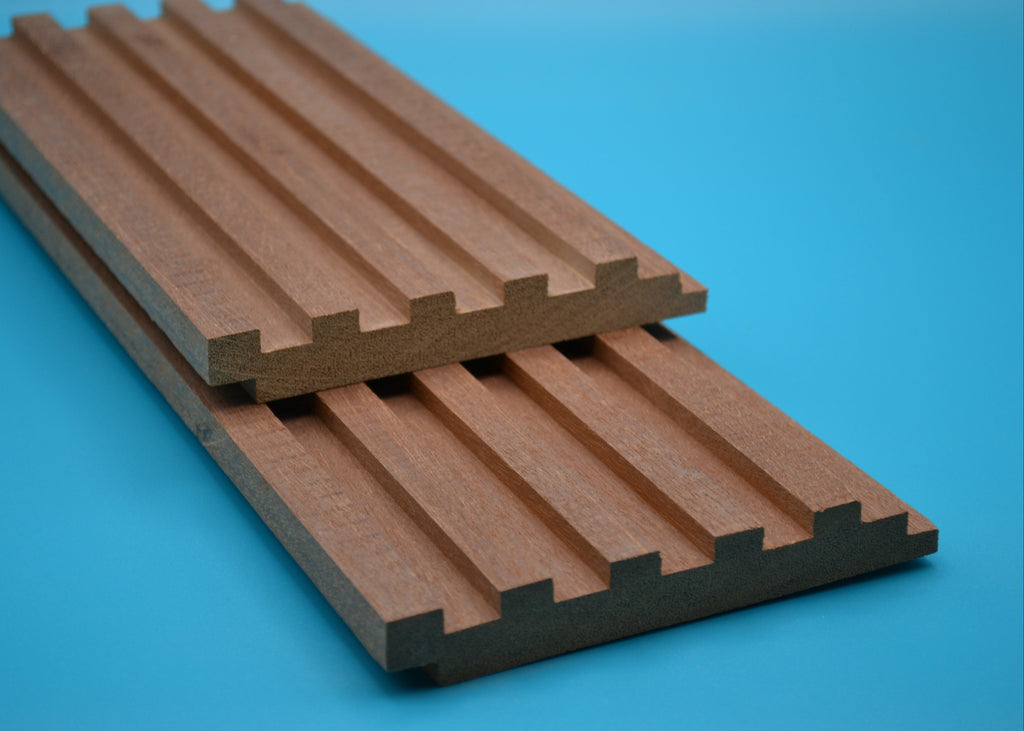Red Balau 1x6 Piano Key Planks on blue background