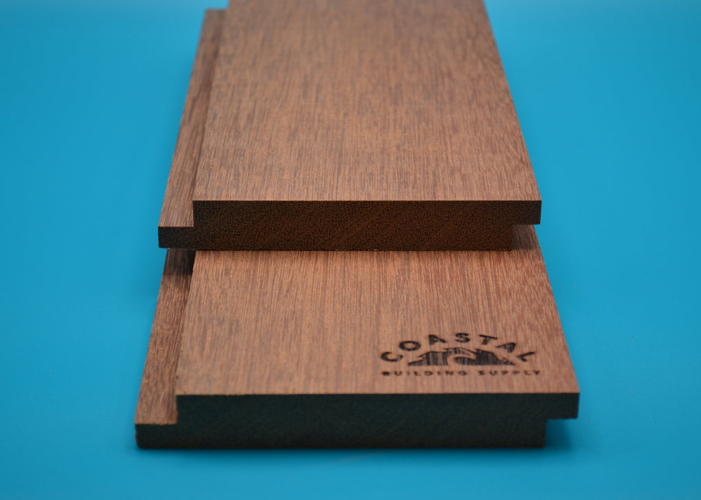 Red Balau 1x6 Shiplap Planks on blue background