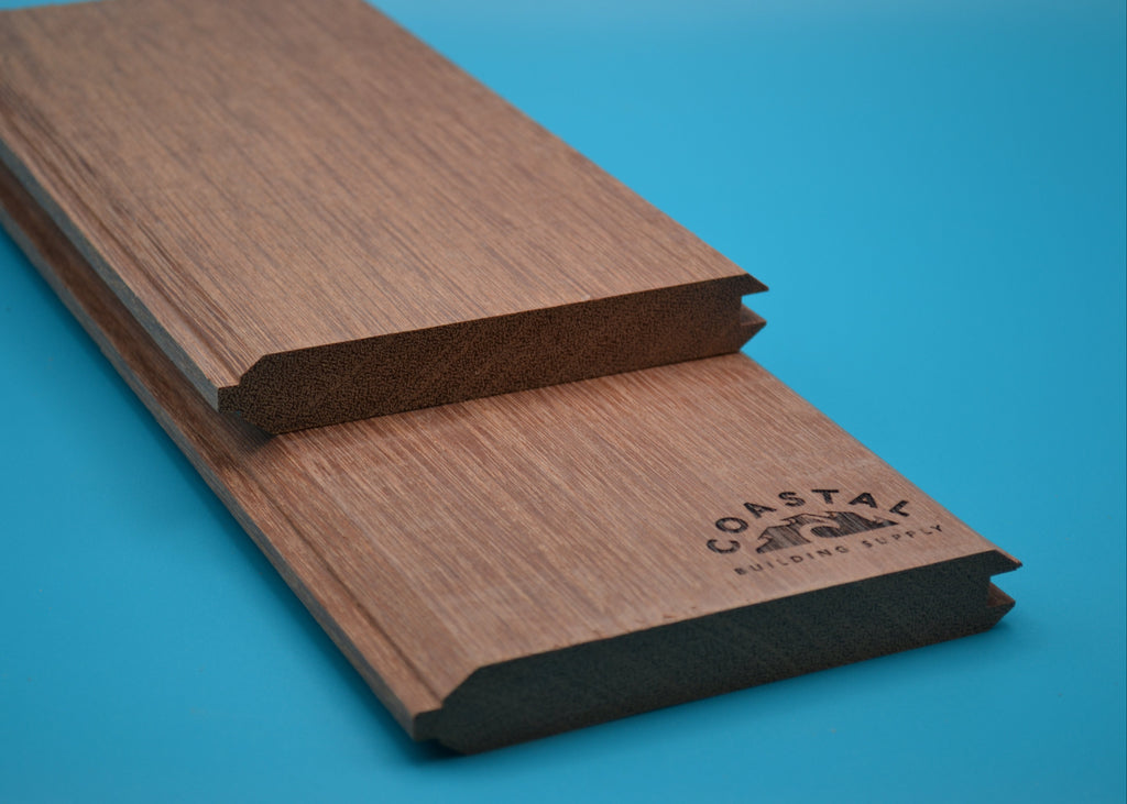 Red Balau 1x6 T&G V Groove Planks on blue background