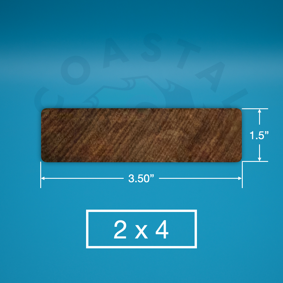 Ipe 2x4 E4E Wood on blue background with dimensions