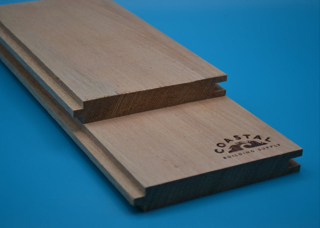 Yellow Balau 1x6 T&G Flushgap Planks on blue background