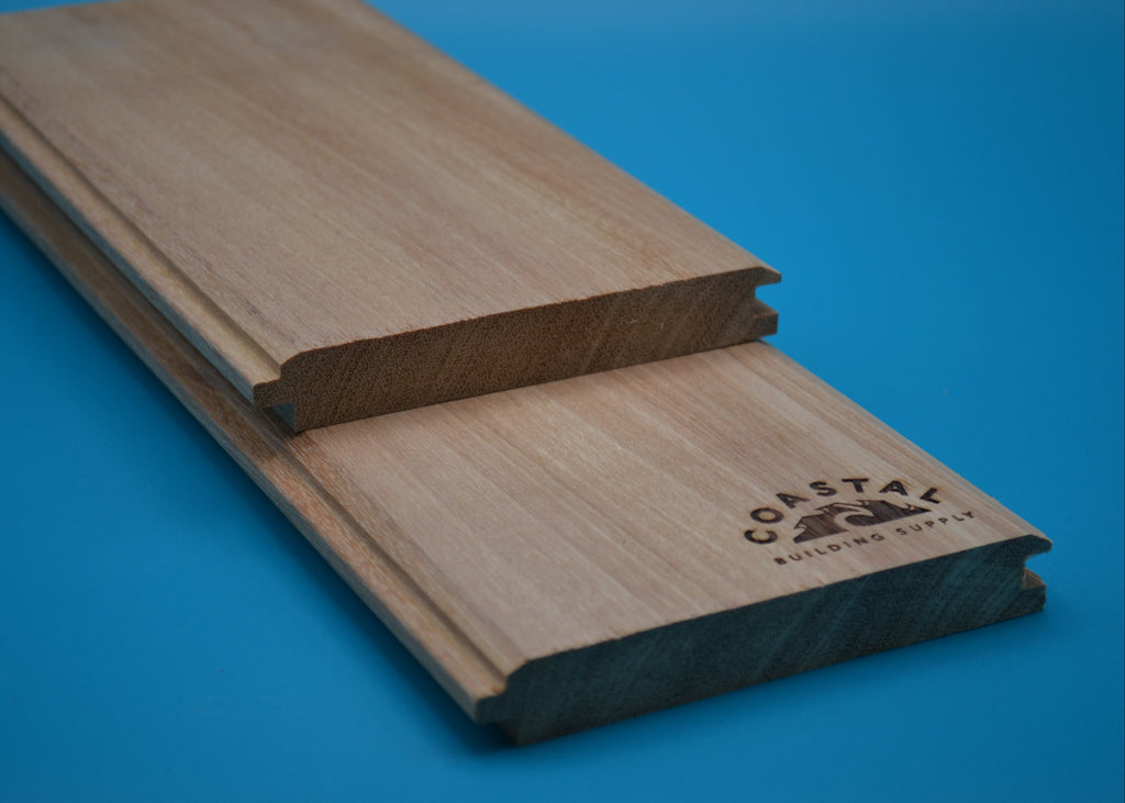 Yellow Balau 1x6 V-Lap Planks on blue background