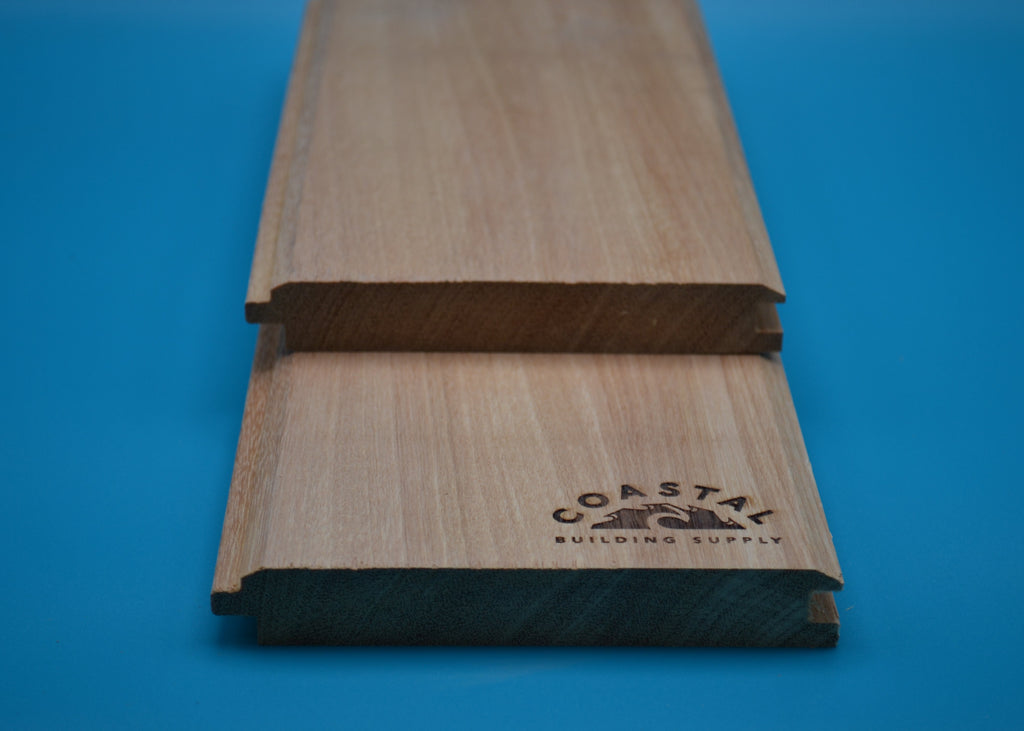 Yellow Balau 1x6 V-Lap Planks on blue background