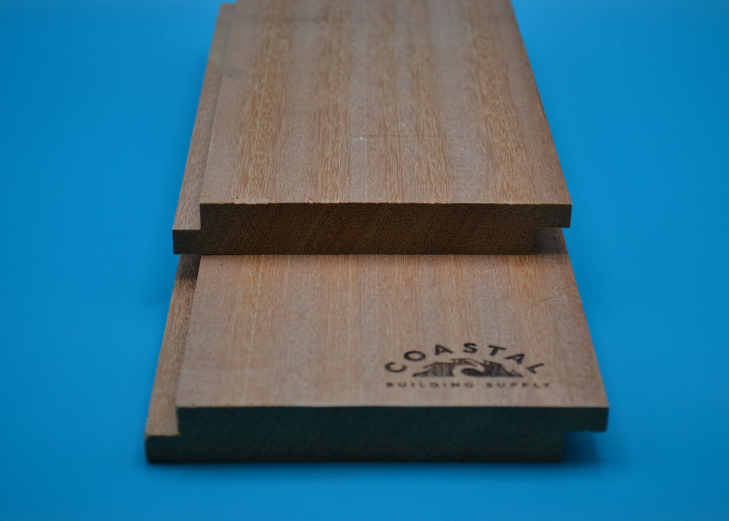 Yellow Balau 1x6 Shiplap Planks on blue background