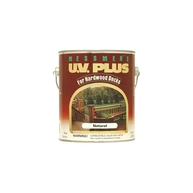 Can of Messmer's U.V. Plus for hardwood decks on a white background